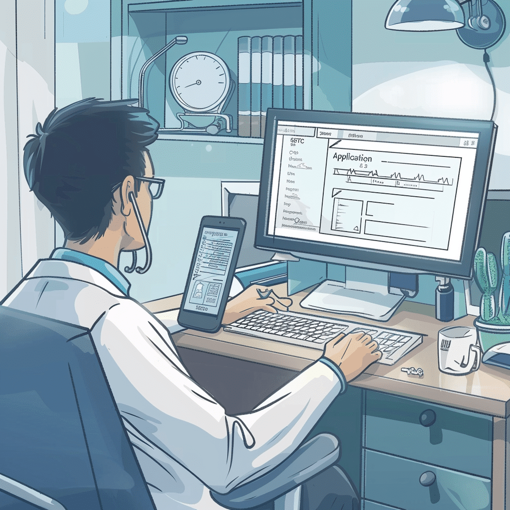 doctor on computer with setc documents online.