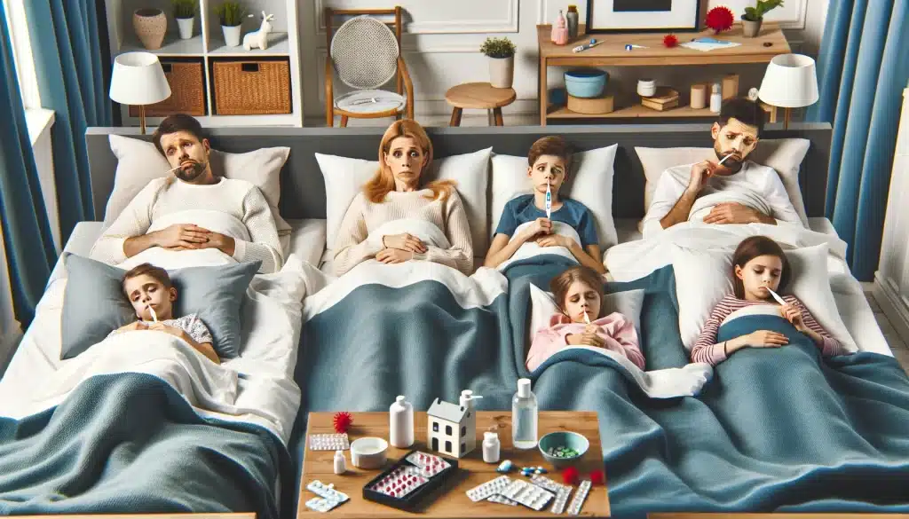 Family lying in bed needing sick and family leave tax credit self employed