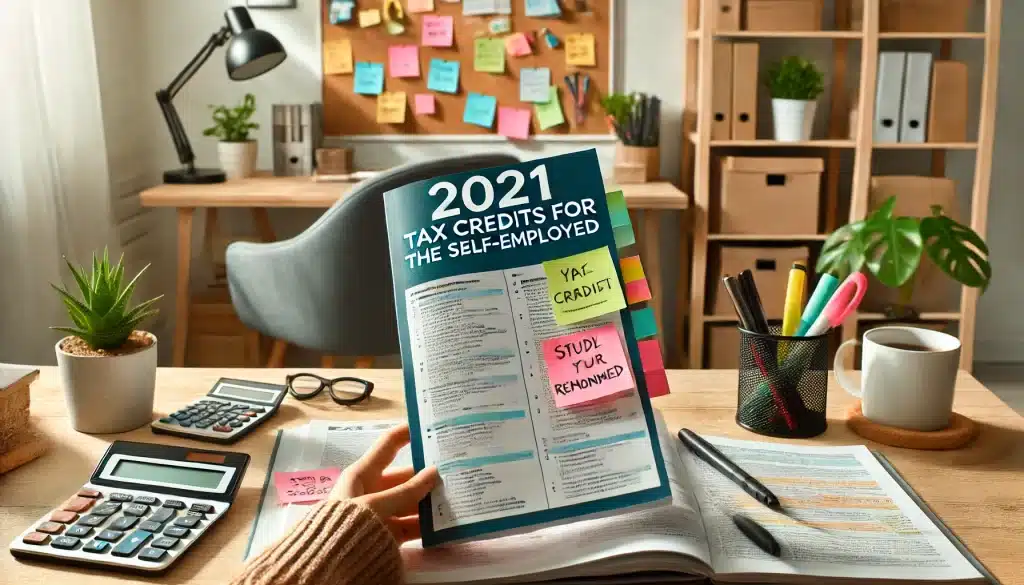 2021 tax credits for self employed guide book with sticky notes.