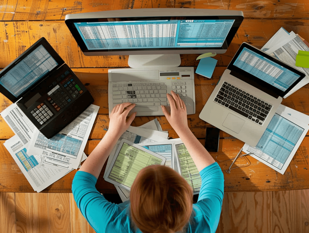 Person at computer compiling payroll tax management.