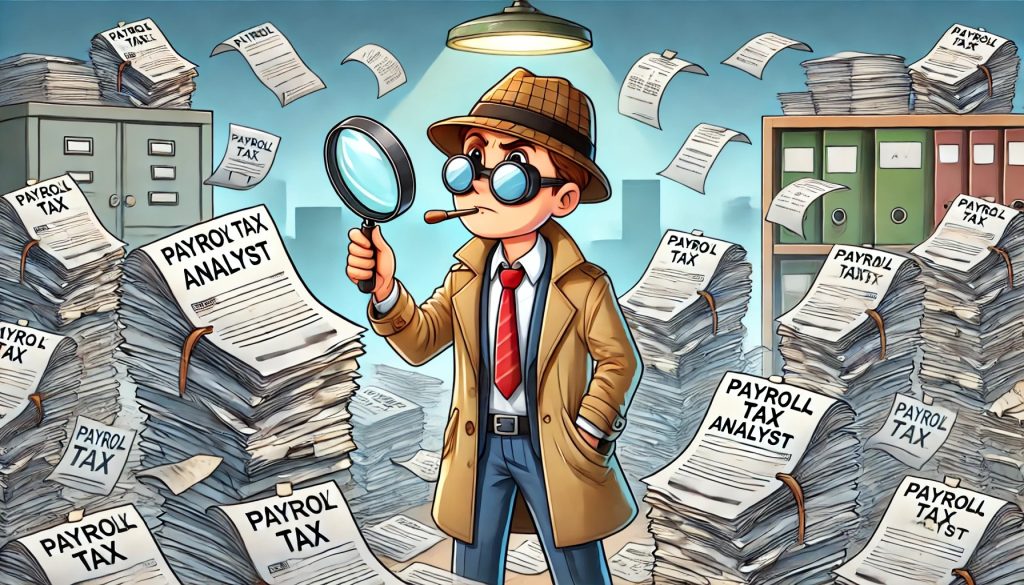 Payroll tax analyst detective going through paperwork.