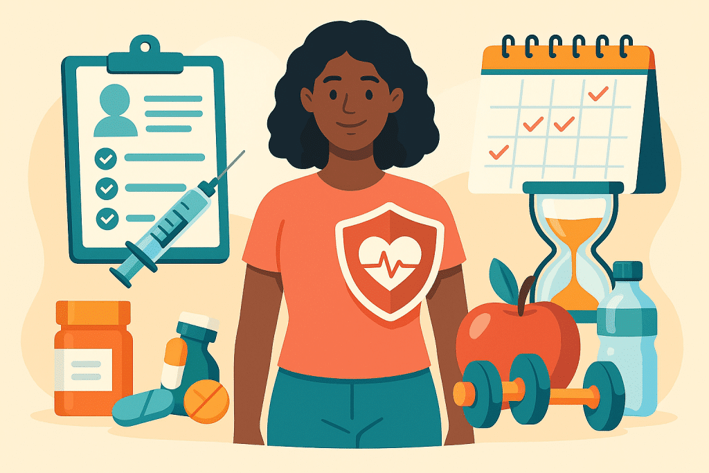 Preventive Care Examples of a woman standing next to various items