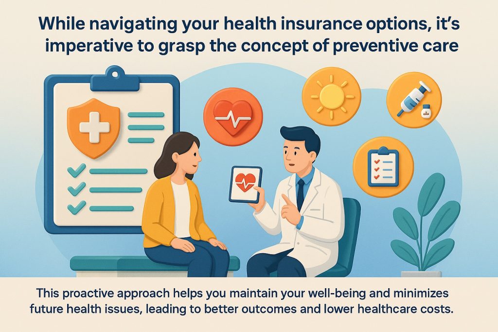 free preventative care infographic with a man and woman sitting in a chair and looking at a tablet