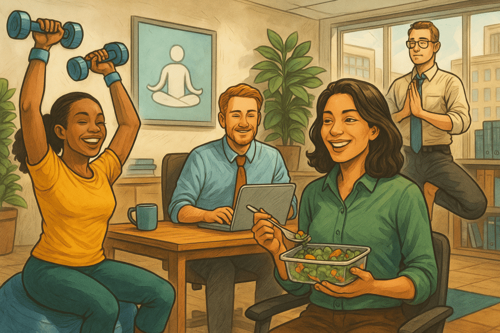 best employee wellness program ideas showing healthy eating and exercise.