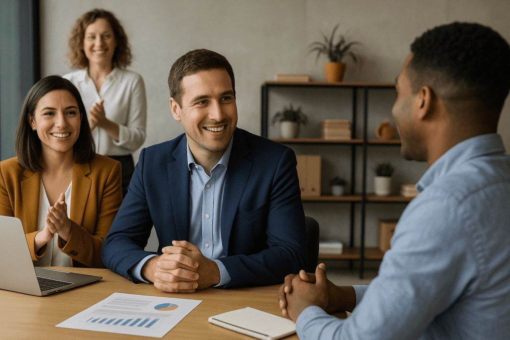 Employee Retention Strategies with a meeting with happy workers.