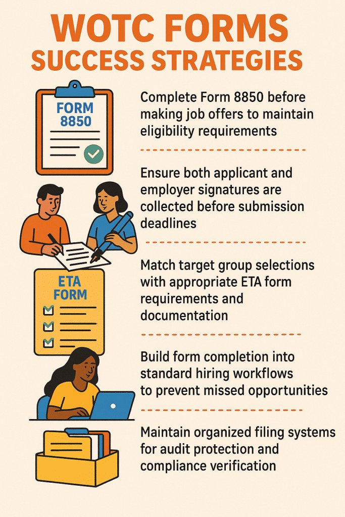 What Is a WOTC Form infographic success strategies.
Complete Form 8850 before making job offers to maintain eligibility requirements

Ensure both applicant and employer signatures are collected before submission deadlines

Match target group selections with appropriate ETA form requirements and documentation

Build form completion into standard hiring workflows to prevent missed opportunities

Maintain organized filing systems for audit protection and compliance verification