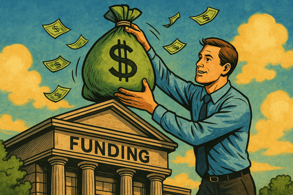 Work Opportunity Tax Credit Funding. Man holding a bag of money.
