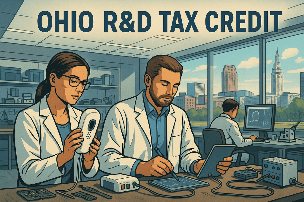 Ohio R&D Tax Credit in a lab overlooking a city