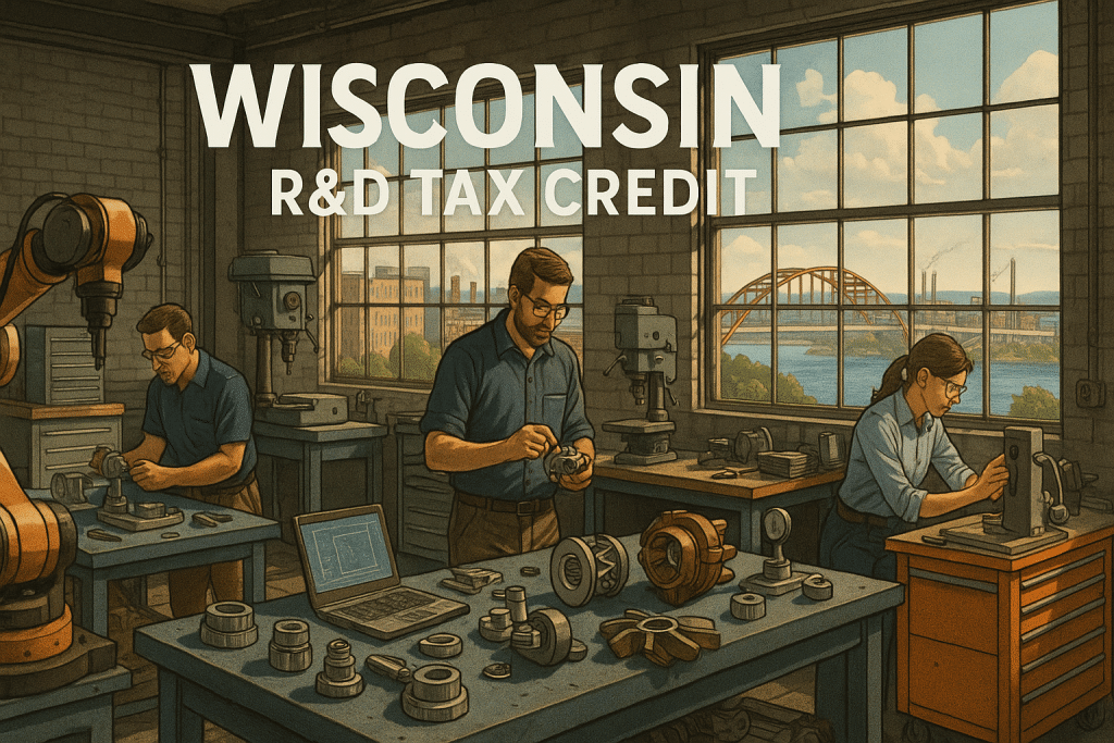 Wisconsin R&D Tax Credit in a manufacturing facility with bridge in background
